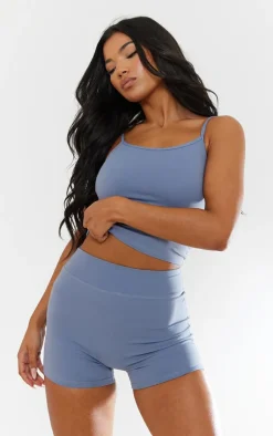 Online PrettyLittleThing Steel Blue Snatched Sculpt Hot Pants Blue Steel