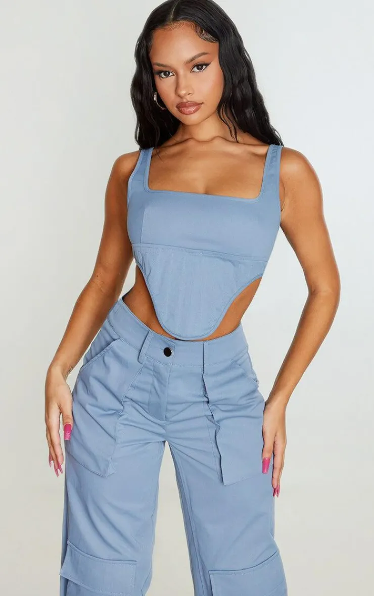 Best PrettyLittleThing Twill Dip Hem Structured Cargo Corset Steel Blue