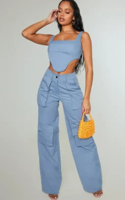 Best PrettyLittleThing Twill Dip Hem Structured Cargo Corset Steel Blue