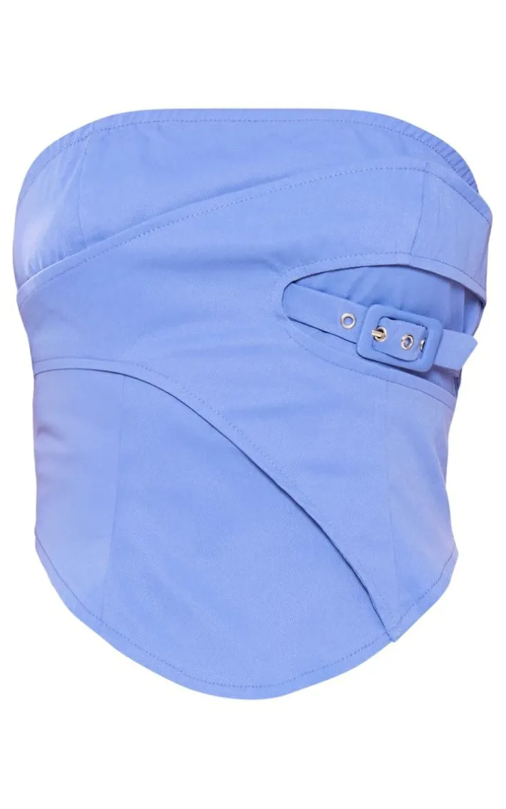 Steel Blue Woven Dip Hem Buckle Detail Top