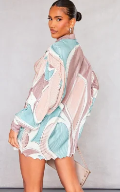 Abstract Print Plisse Frill Hem Shirt Dress-PrettyLittleThing Outlet