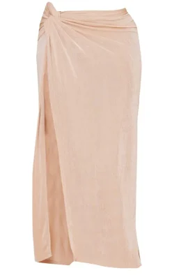 New PrettyLittleThing Acetate Slinky Ruched Knot Side Midaxi Skirt Stone