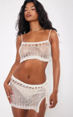 Clearance PrettyLittleThing Asymmetric Crochet Sequin Knit Crop Top Stone