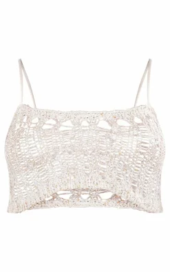 Clearance PrettyLittleThing Asymmetric Crochet Sequin Knit Crop Top Stone