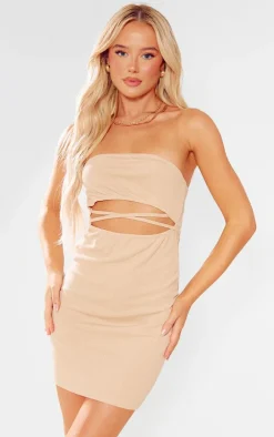 Bandeau Cut Out Front Crinkle Rib Bodycon Dress-PrettyLittleThing Discount