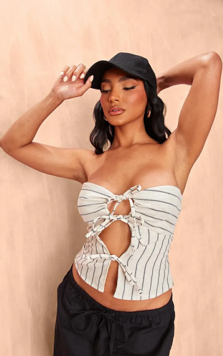 PrettyLittleThing Sleeveless Tops*Bandeau Tie Front Striped Linen Crop