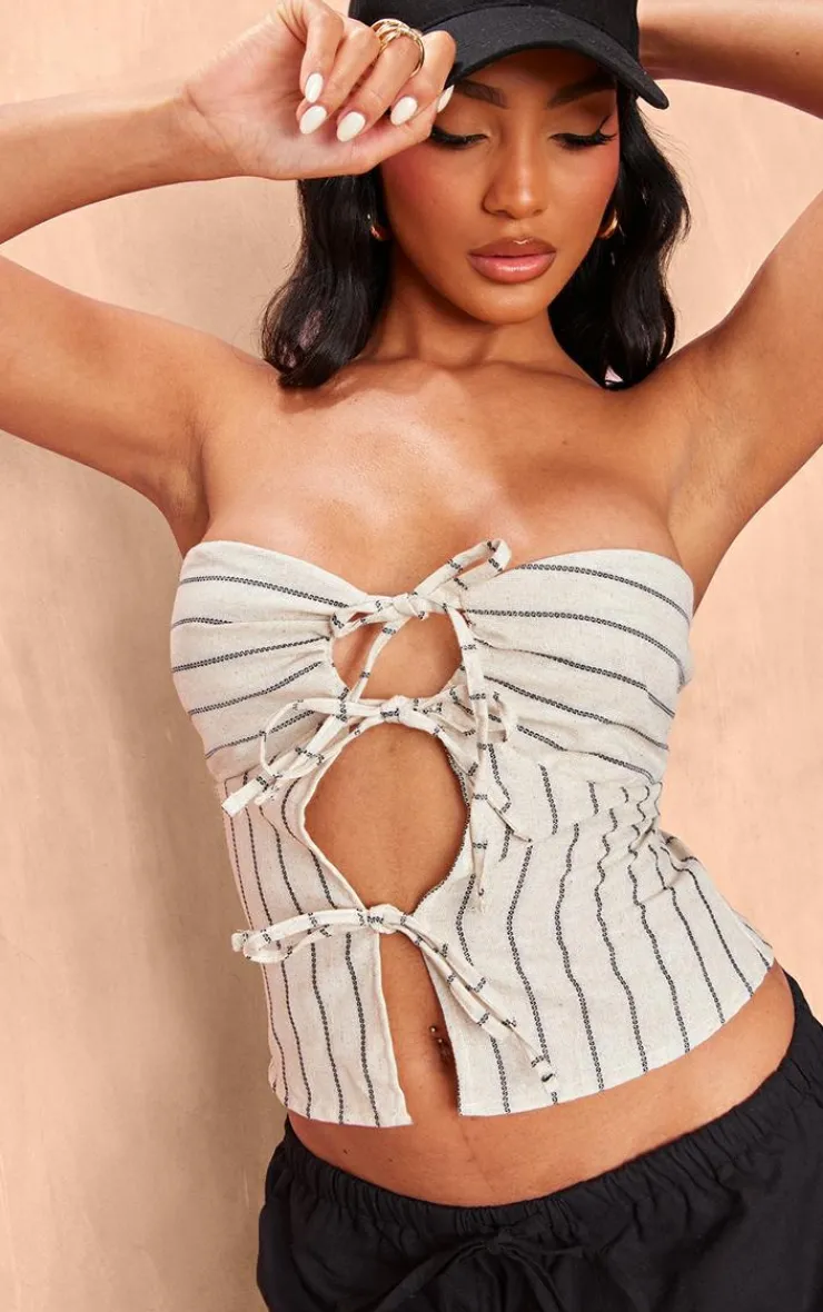 PrettyLittleThing Sleeveless Tops*Bandeau Tie Front Striped Linen Crop