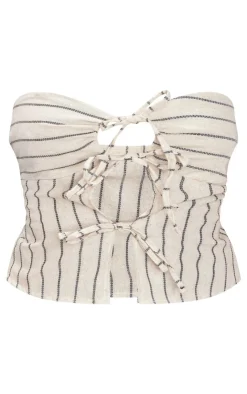 PrettyLittleThing Sleeveless Tops*Bandeau Tie Front Striped Linen Crop