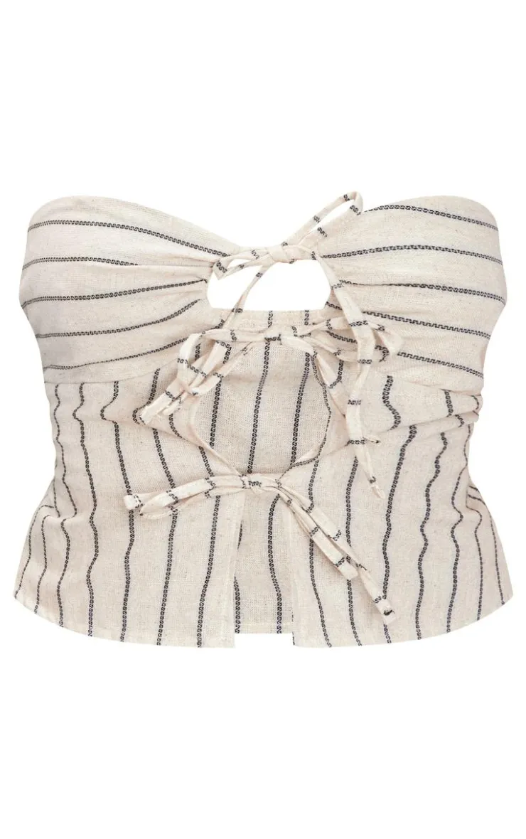 PrettyLittleThing Sleeveless Tops*Bandeau Tie Front Striped Linen Crop