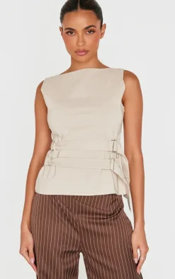 PrettyLittleThing Sleeveless Tops*Bengaline Boatneck Buckle Detail Long Top
