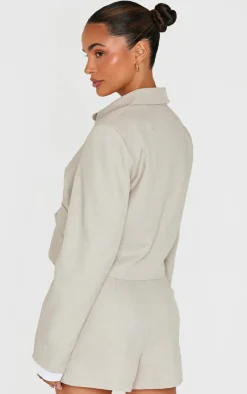 Discount PrettyLittleThing Button Up Tailored Cropped Jacket Stone