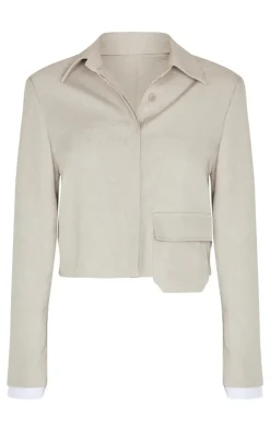 Discount PrettyLittleThing Button Up Tailored Cropped Jacket Stone