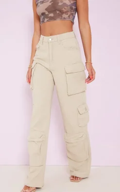 Stone Cargo Pocket Detail Wide Leg Jeans