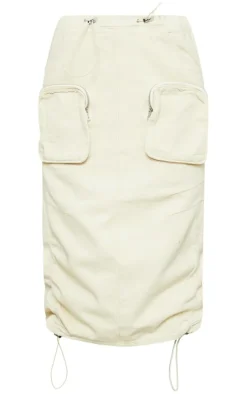 Online PrettyLittleThing Cargo Pocket Elasticated Waist Midi Skirt Stone
