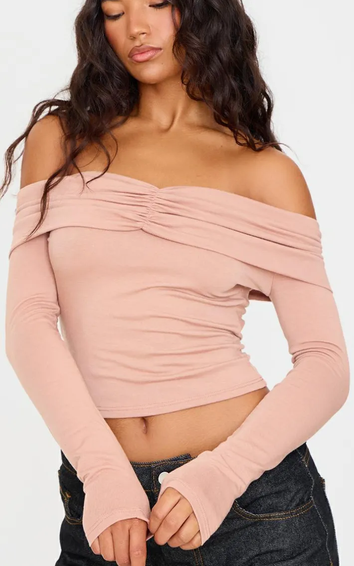 Stone Contour Jersey Ruched Foldover Bardot Crop Top