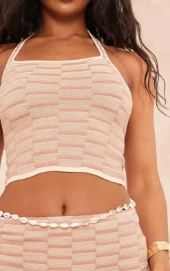 PrettyLittleThing Contrast Textured Knit Halterneck Top Stone