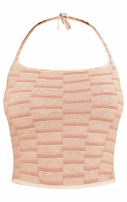 PrettyLittleThing Contrast Textured Knit Halterneck Top Stone