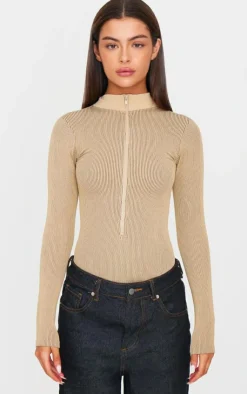 PrettyLittleThing Snatched*Contrast Snatched Rib Zip Up Long Sleeve Bodysuit