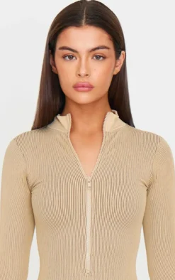 PrettyLittleThing Snatched*Contrast Snatched Rib Zip Up Long Sleeve Bodysuit