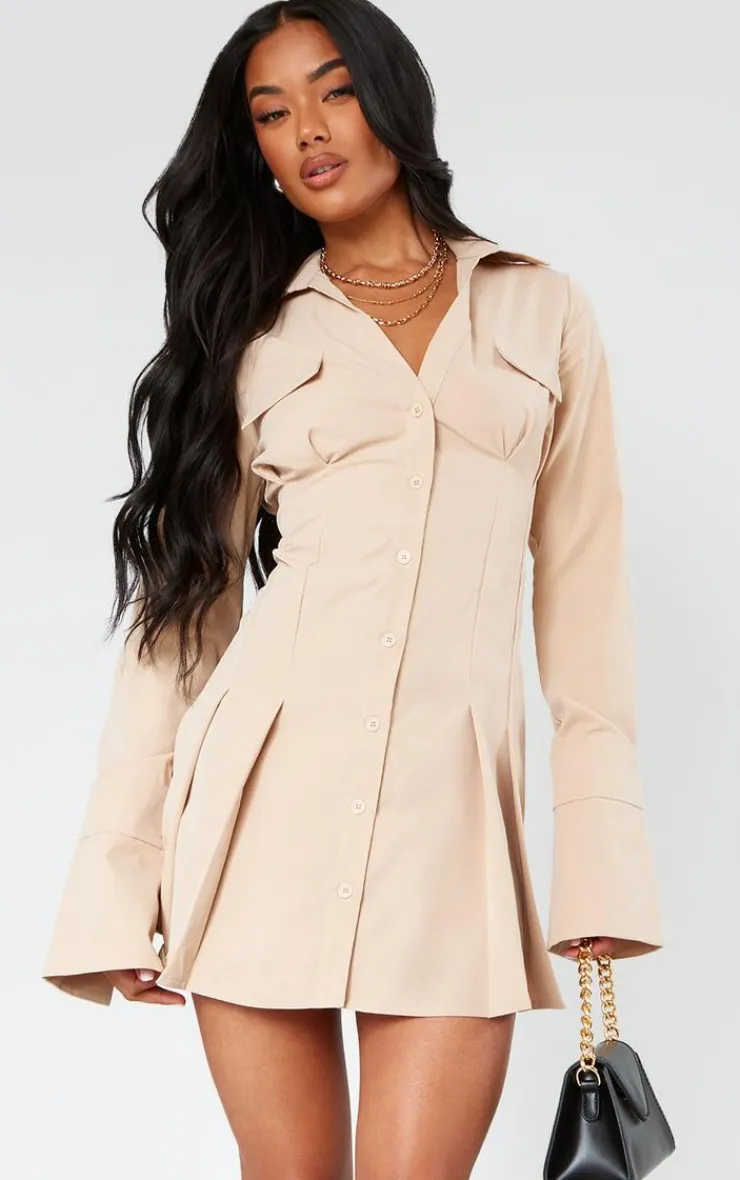Cotton Poplin Pleated Flared Sleeve Shirt Dress-PrettyLittleThing Discount