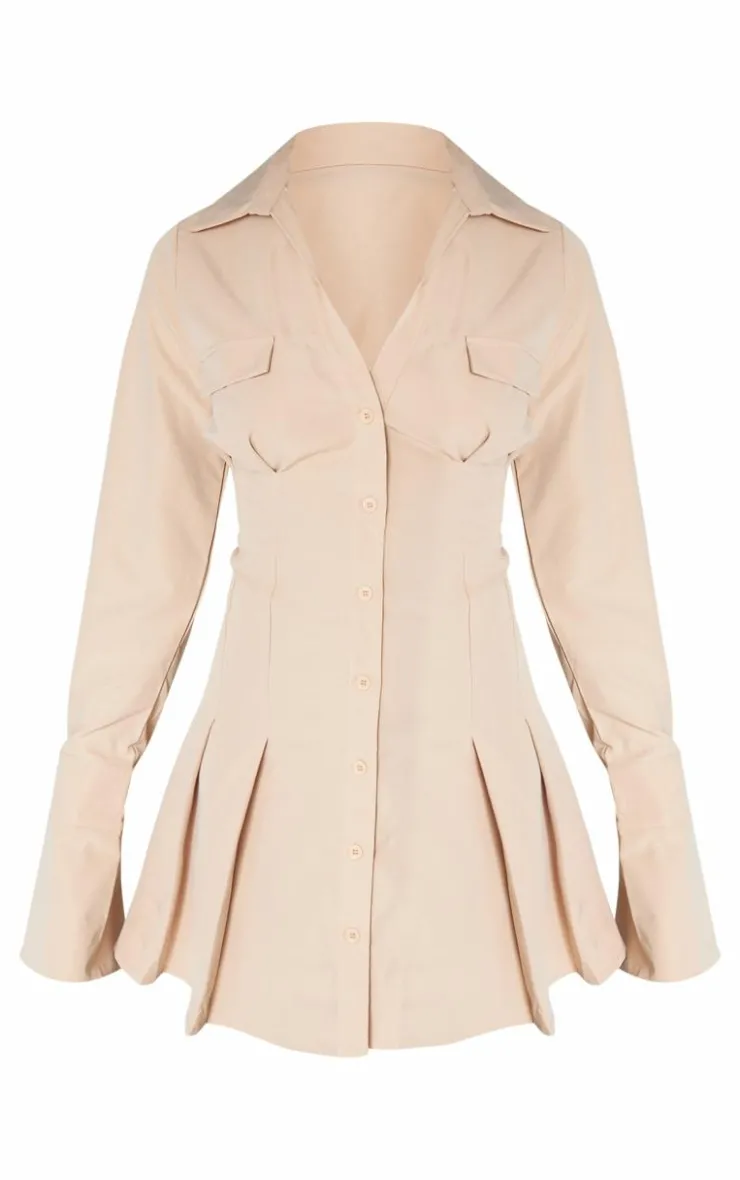 Cotton Poplin Pleated Flared Sleeve Shirt Dress-PrettyLittleThing Discount