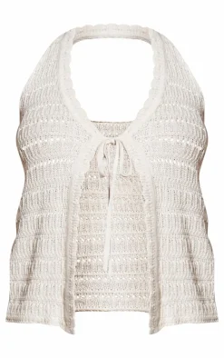 Hot PrettyLittleThing Crochet Knit Tie Front Halterneck Top Stone
