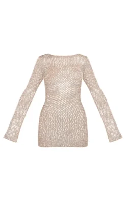 Crochet Sequin Knit Long Sleeve Mini Dress-PrettyLittleThing Hot