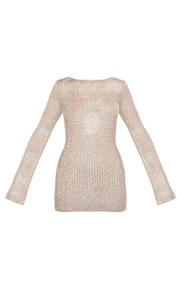 Crochet Sequin Knit Long Sleeve Mini Dress-PrettyLittleThing Hot