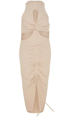Cut Out Knot Detail Ruched Front Midi Dress-PrettyLittleThing Online