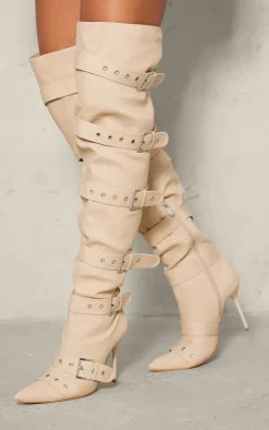 PrettyLittleThing Over The Knee Boots*Denim Point Toe Buckled Over The Knee Heeled Boots