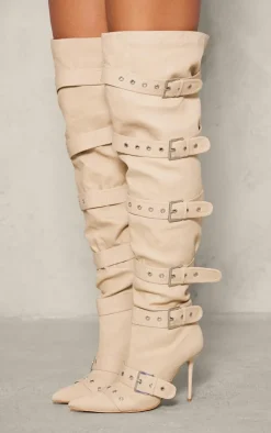 PrettyLittleThing Over The Knee Boots*Denim Point Toe Buckled Over The Knee Heeled Boots