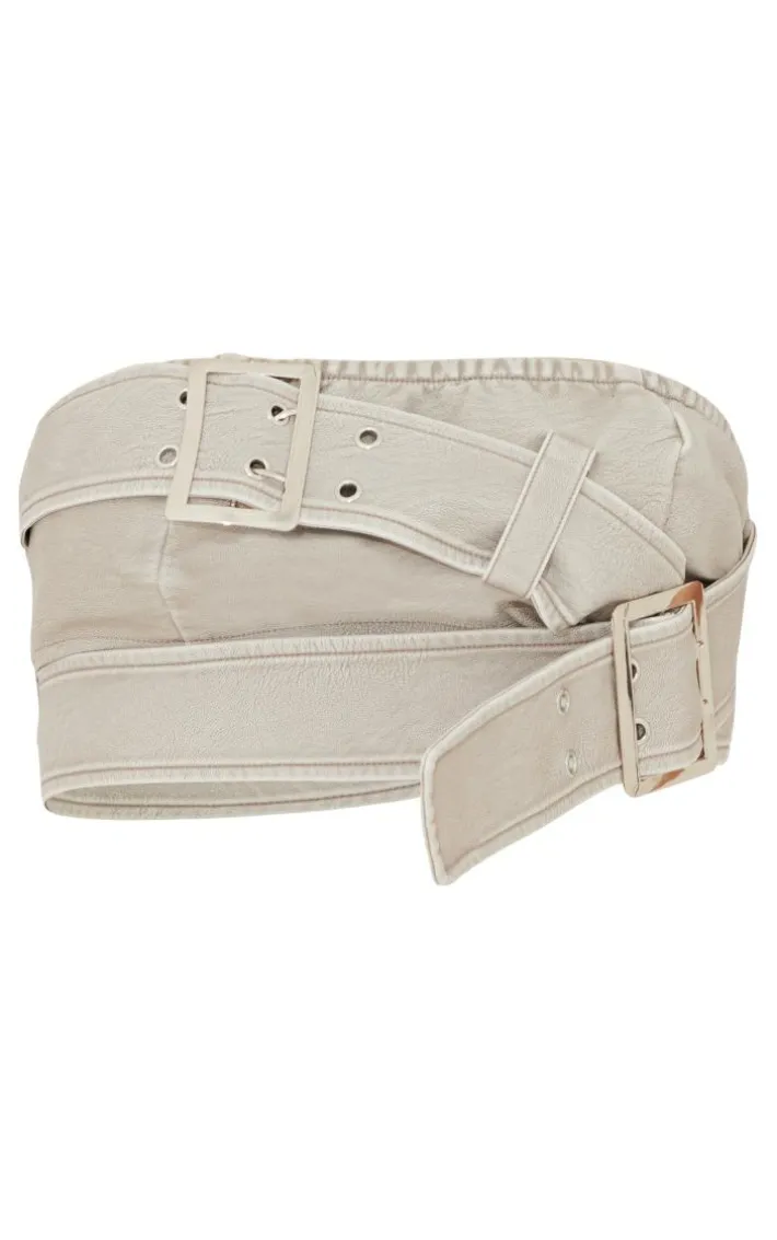Stone Distressed PU Belted Detail Crop Top