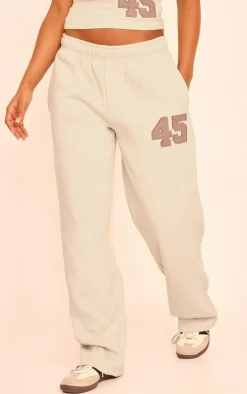 New PrettyLittleThing Embroidered 45 Graphic Wide Leg Sweatpants Stone