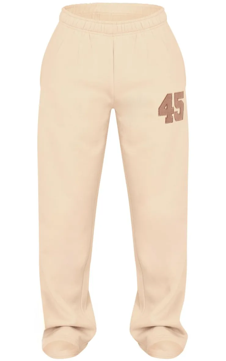 New PrettyLittleThing Embroidered 45 Graphic Wide Leg Sweatpants Stone