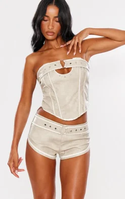 New PrettyLittleThing Faux Leather Belted Hot Pants Stone