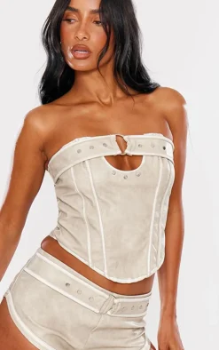 New PrettyLittleThing Faux Leather Belted Hot Pants Stone