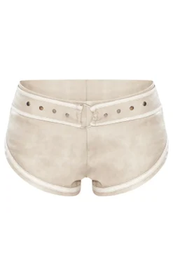 New PrettyLittleThing Faux Leather Belted Hot Pants Stone