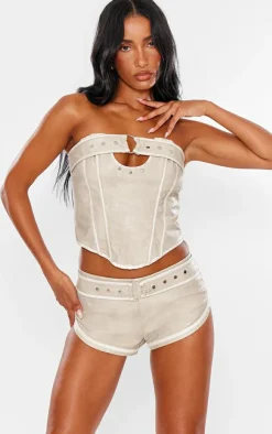 Best PrettyLittleThing Faux Leather Belted Bandeau Corset Stone
