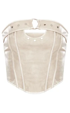 Best PrettyLittleThing Faux Leather Belted Bandeau Corset Stone