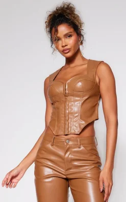 Best PrettyLittleThing Stone Faux Leather Corset Detail Long Top Deep Stone