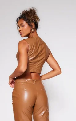 Best PrettyLittleThing Stone Faux Leather Corset Detail Long Top Deep Stone
