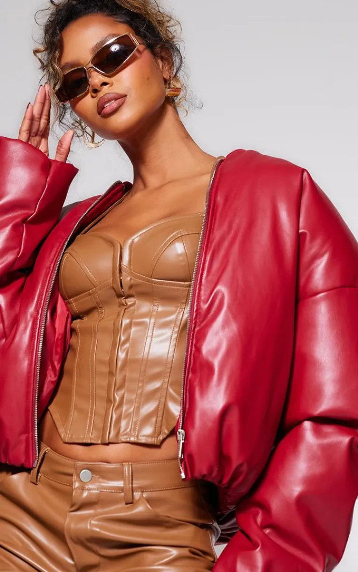 Best PrettyLittleThing Stone Faux Leather Corset Detail Long Top Deep Stone