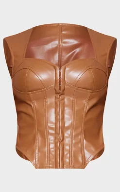 Best PrettyLittleThing Stone Faux Leather Corset Detail Long Top Deep Stone