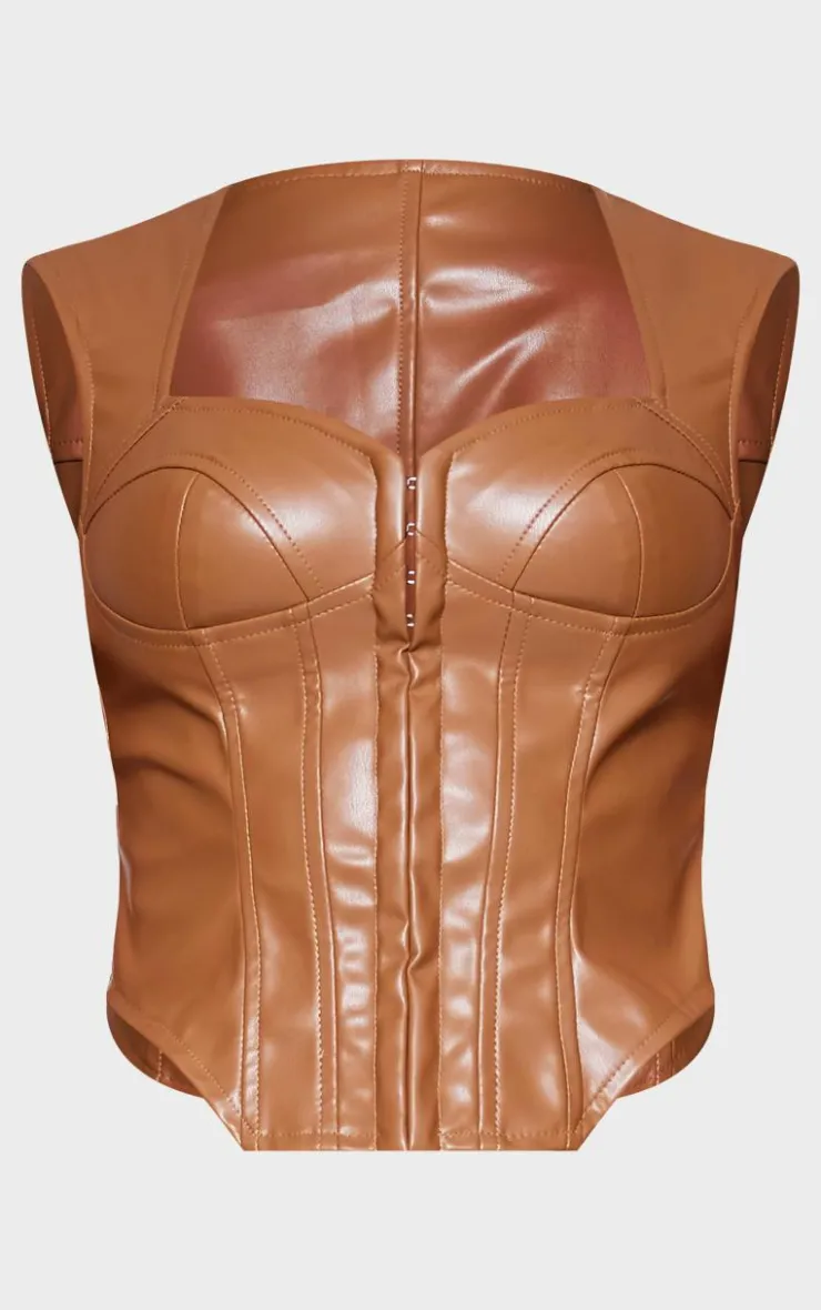 Best PrettyLittleThing Stone Faux Leather Corset Detail Long Top Deep Stone