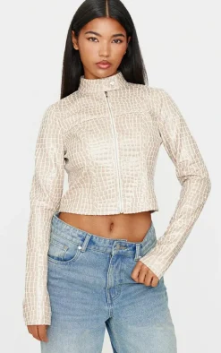 PrettyLittleThing Faux Leather Jackets*Faux Leather Croc Fitted Jacket
