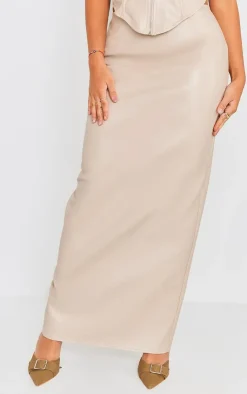 Discount PrettyLittleThing Faux Leather High Waist Split Hem Maxi Skirt Stone