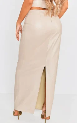 Discount PrettyLittleThing Faux Leather High Waist Split Hem Maxi Skirt Stone
