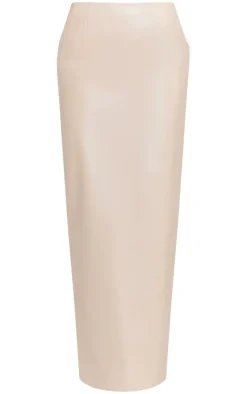 Discount PrettyLittleThing Faux Leather High Waist Split Hem Maxi Skirt Stone