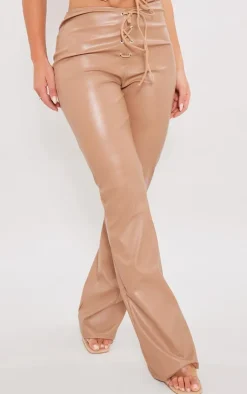 Sale PrettyLittleThing Faux Leather Tie Front Low Rise Flared Pants Stone