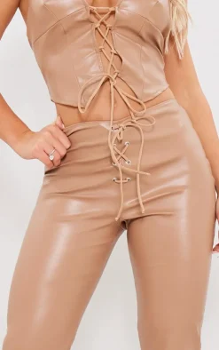 Sale PrettyLittleThing Faux Leather Tie Front Low Rise Flared Pants Stone